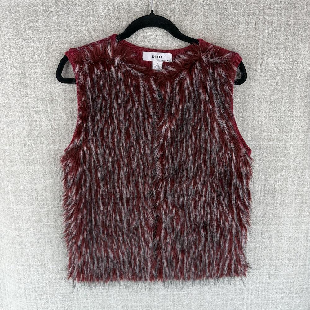 Kikit Vest Womens M Red Faux Fur Lined Full Zip Knit Short Sleeveless Casual